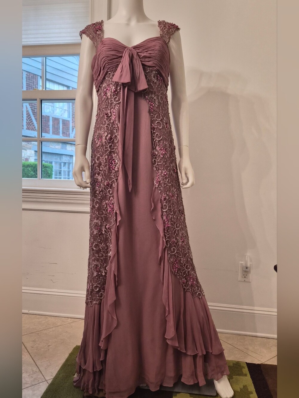 Terani Couture Dusty Rose Lace-Embellished Chiffon Prom Gown